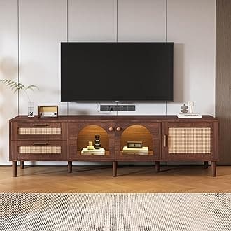 BTM 180cm TV Stand, Brown TV Stand Cabinet with LED Lights, TV Cabinet with 2 Rattan Drawers, 2 Curved Glass Doors & 1 Rattan Door, LED TV Unit for 80 inch TV, 180x40x50cm