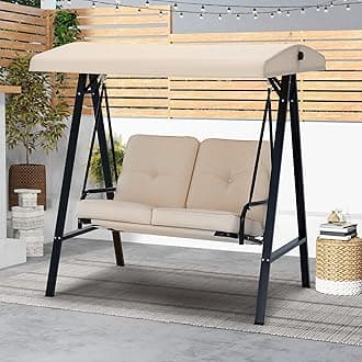 AECOJOY Outdoor Patio Swing Chair for Adults, 2-Seat Porch Swings with Adjustable Canopy, Outside Swing Bench with Removable Cushion, Suitable for Backyard, Garden, Yard, Poolside, Balcony (Beige)