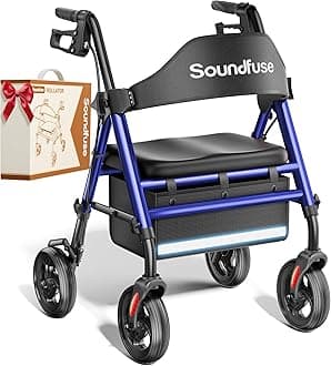 SOUNDFUSE Walkers for Seniors with seat, Foldable Rollator Walker with Double Support Bar, 16" Extra Wide Ergonomic Arc Seat, 8" All Terrain Wheels, 350lb, Dual Height Adjustable, and Storage Bag