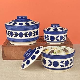 StyleMyWay Studio Pottery Handpainted Ceramic Serving Donga with Lid Casserole Set (Set of 3, White and Blue) | Dinner Serving Set | Stackable Kitchen Bowl Set, 900 Milliliter
