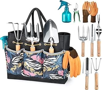 Grenebo Garden Tool Set, 9 Pieces Garden Tools with Garden Tools Organiser Handbag, Sturdy Garden Tools Set, Ideal Garden Gifts for Women for Garden Lovers (Black)