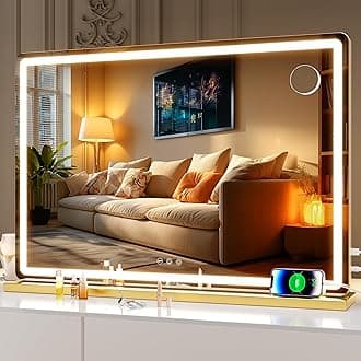Hasipu Vanity Mirror with Lights, 80 x 50cm LED Makeup Mirror, Lighted Make up Mirrors with Touch Screen Control, 3 Dimmable Modes Round Gold