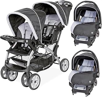Baby Trend Infant and Toddler Double Stroller & 2 Car Seat Combo, 3 Pc Set, Stormy - Portable and Lightweight Stroller Duo and Car Seat Travel System Tandem