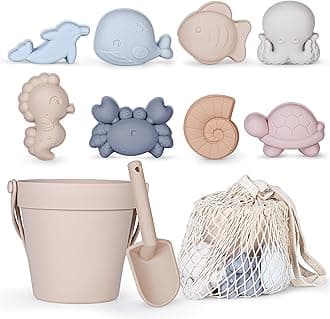 MarcZero 11Pcs Silicone Beach Toys,Modern Baby Beach Toys,Travel Friendly Beach Set,Eco Friendly Toy,Silicone Bucket, Shovel, 8 Sand Molds, Beach Bag,Silicone Sand Toys for Toddlers, Kids (Beige)