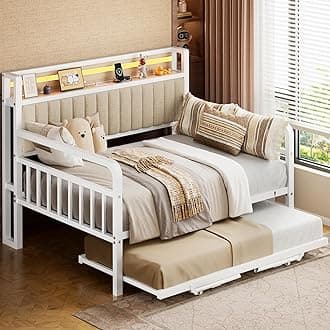 Daybed with Trundle and LED Light, Heavy Duty Metal Full Bed Frame with Upholstered Storage Headboard & Charging Station, Day Bed Pop Up Trundle Bed for Living Room,Bedroom and Guest Room, White