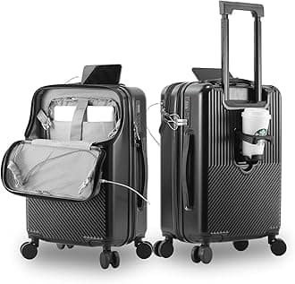 Travel Luggage Carry On Luggage with Combination Lock and 4 Spinner Wheels, Carry On Suitcase with Front Open Laptop Compartment and Pocket, External Rechargeable USB Interface, Alloy Pull Rod, Black