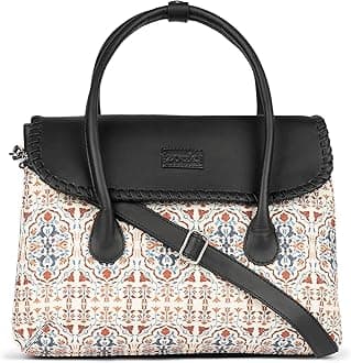 ZOUK Printed Jute Handcrafted Vegan Leather Multicolor Women's Satchel Bag | Ladies Purse Handbag | Double Handle Detachable Strap