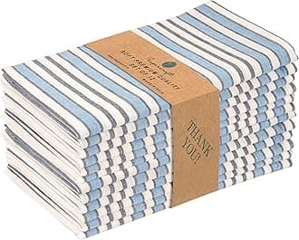 FINGERCRAFT Table Napkins 100% Cotton Yarn Dyed Thick Fabric Cloth Napkins High GSM Napkins 20in x 20in Washable and Reusable for Kitchen Hotels Wedding (Blue White Stripe, Set of 12)
