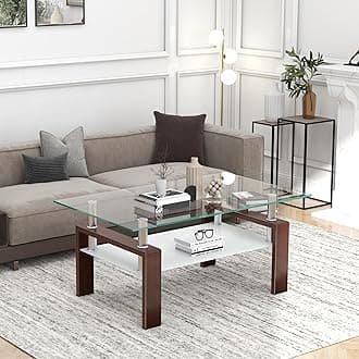 Meihua Rectangle Glass Coffee Table for Living Room, Modern Center Table Metal Tube Legs for Home Office (Brown)