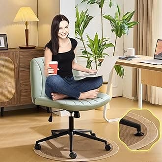 VINGLI Criss Cross Legged Chair,Wide Comfy Office Desk Chair,Dual-Use with/no Wheels Computer Task Chair,Swivel Armless Vanity Rolling Chair for Study,Make Up,Home Office,Cat Scratch PU,Mint Green
