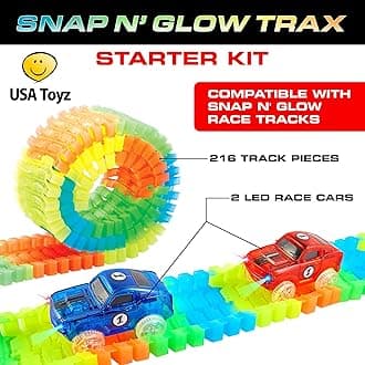 USA Toyz Glow Tracks Starter Kit Glow Race Tracks and LED Toy Cars - 216pk Glow in The Dark Bendable Rainbow Race Track Set STEM Building Toys for Boys and Girls with 2 Light Up Toy Cars