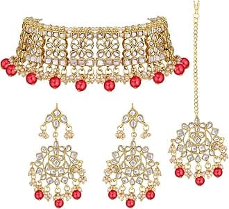 Elegant Indian Faux Kundan Studded Choker Necklace with Maang Tikka Set Ethnic Wedding Wear Bharatanatyam jewellery set Gift for Women