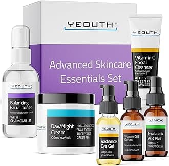YEOUTH Skin Care Set: Hyaluronic Acid Serum, Vitamin C Serum, Face Cleanser, Toner, Under Eye Gel, Face Cream, 6-Piece Skincare Kit For Women & Men