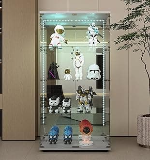 Modern Glass Display Cabinet 4-Shelf with LED Light,Mirror and Lock, 2 Door Curio Cabinets,Tempered Glass Collection Display Showcase for Living Room Home Office,30.9x13.5x64.6 H,White
