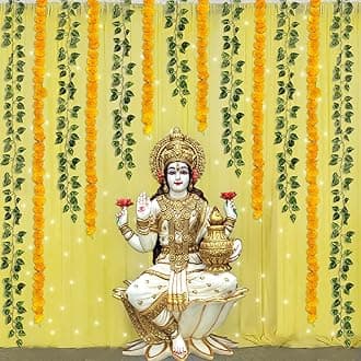 Special You ganpati Decoration Items for Home, ganpati Decoration Background, Yellow net Curtain with Artificial Marigold Flowers, LED Lights & Green Leaves for ganpati Decoration mandap - 13 Piece