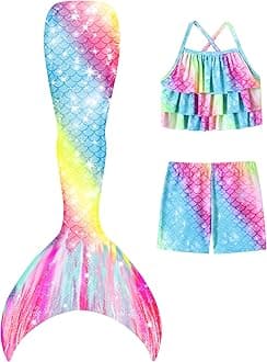 Girls Mermaid Bathing Suit 3PCS Cute Ruffle Tankini Swimsuits with Boyshort Fish Tail Kids Beach Swimwear 3-11Y