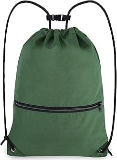 BeeGreen Dark Green Drawstring Backpack with Front Zipper Pocket and Inner Pocket Large 18.5" L x 13.8" W String Sackpack Cinch Sack Gym Sports Workout Bag For Men Women