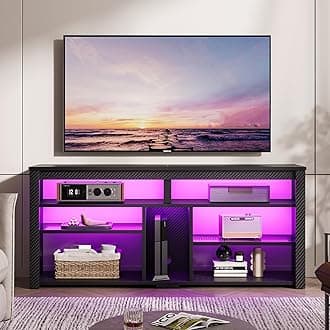 Bestier LED Tall TV Stand, Entertainment Center for 55/60/65 Inch TV, Gaming TV Console with Storage for PS4, Adjustable Shelf TV Cabinet for Living Room Bedroom, Carbon Fiber Black