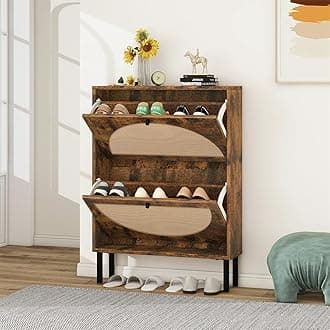 ZeHuoGe Rattan Shoe Cabinet with 2 Flip Drawers, Narrow Hidden Shoe Rack, Rattan Storage Cabinet for Entryway, Shoe Organizer with Rattan Doors (Rustic Brown)