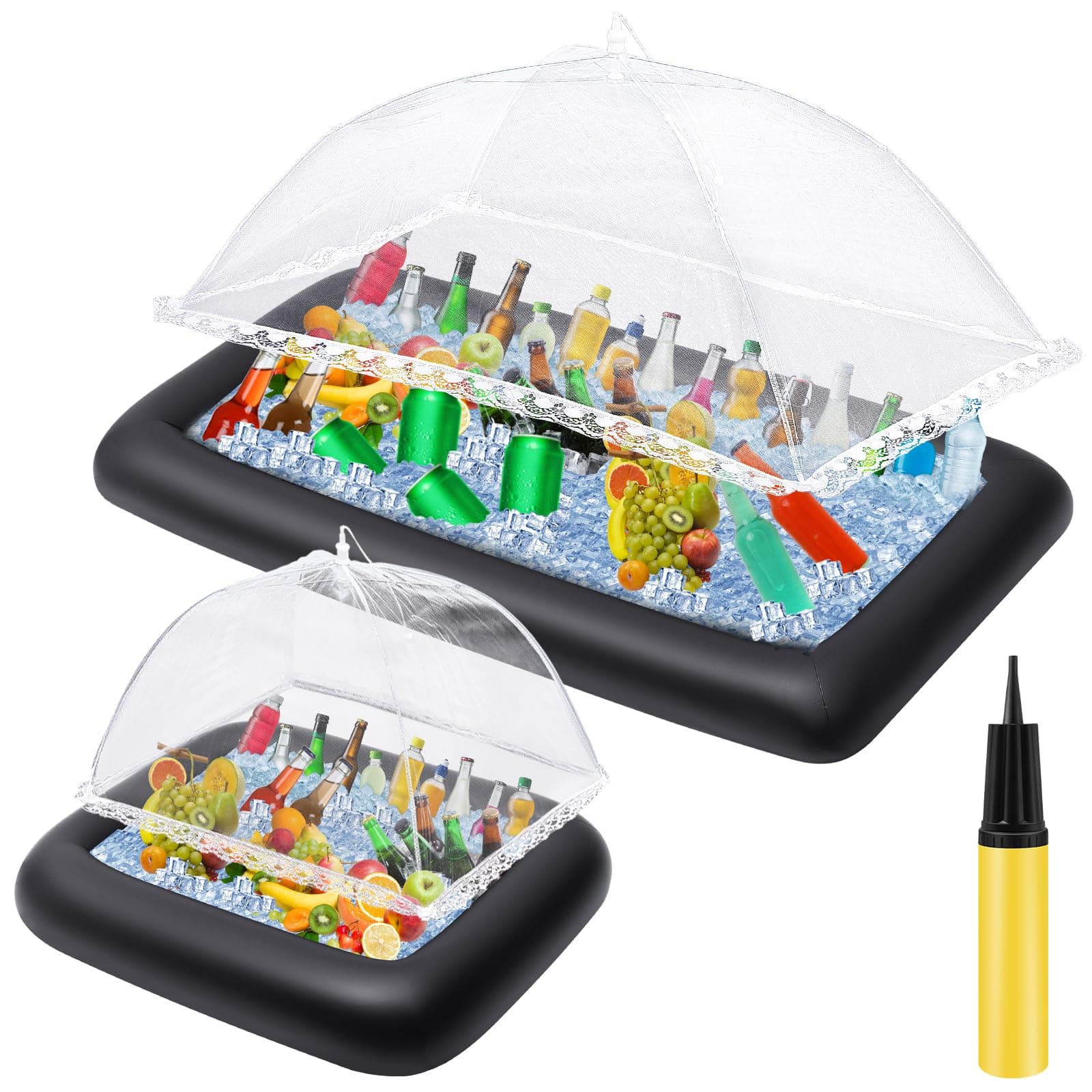 Leitee 4 Pcs Inflatable Ice Tray Serving Bar Buffet Set 2 Pcs Food Umbrella Mesh Covers Tent 2 Pcs Cold Food Cooler Buffet Server for Outdoor Salad Beverage Picnic Pool Party Supplies(Black)