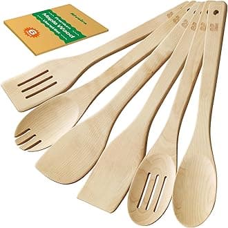 Riveira Maple Wooden Spoons for Cooking Set of 6 – Natural Maple Wooden Cooking Utensils, Wooden Spatula, Wooden Spoon - Premium Quality Utensil Set for Non-Toxic Cooking
