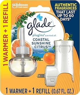 Glade PlugIns Refills Air Freshener Starter Kit, Scented Oil for Home and Bathroom, Coastal Sunshine Citrus, 0.67 Fl Oz, 1 Warmer + 1 Refill