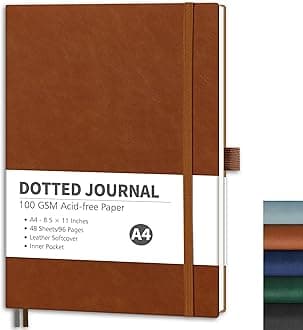 RETTACY Bullet Dotted Journal Notebook, 96 Pages, A4 Large Size (8.5'' x 11''), Leather Softcover, 100 GSM Thick Paper, for Bullet Journaling, Planning, Tracking (Brown)
