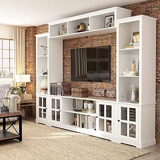 ECACAD 4-Piece Wall Unit TV Stand with Bookshelves for TVs up to 65", Modern TV Console Table Media Entertainment Center with Glass Doors & Open Shelves for Living Room, Bedroom & Home Theater, White