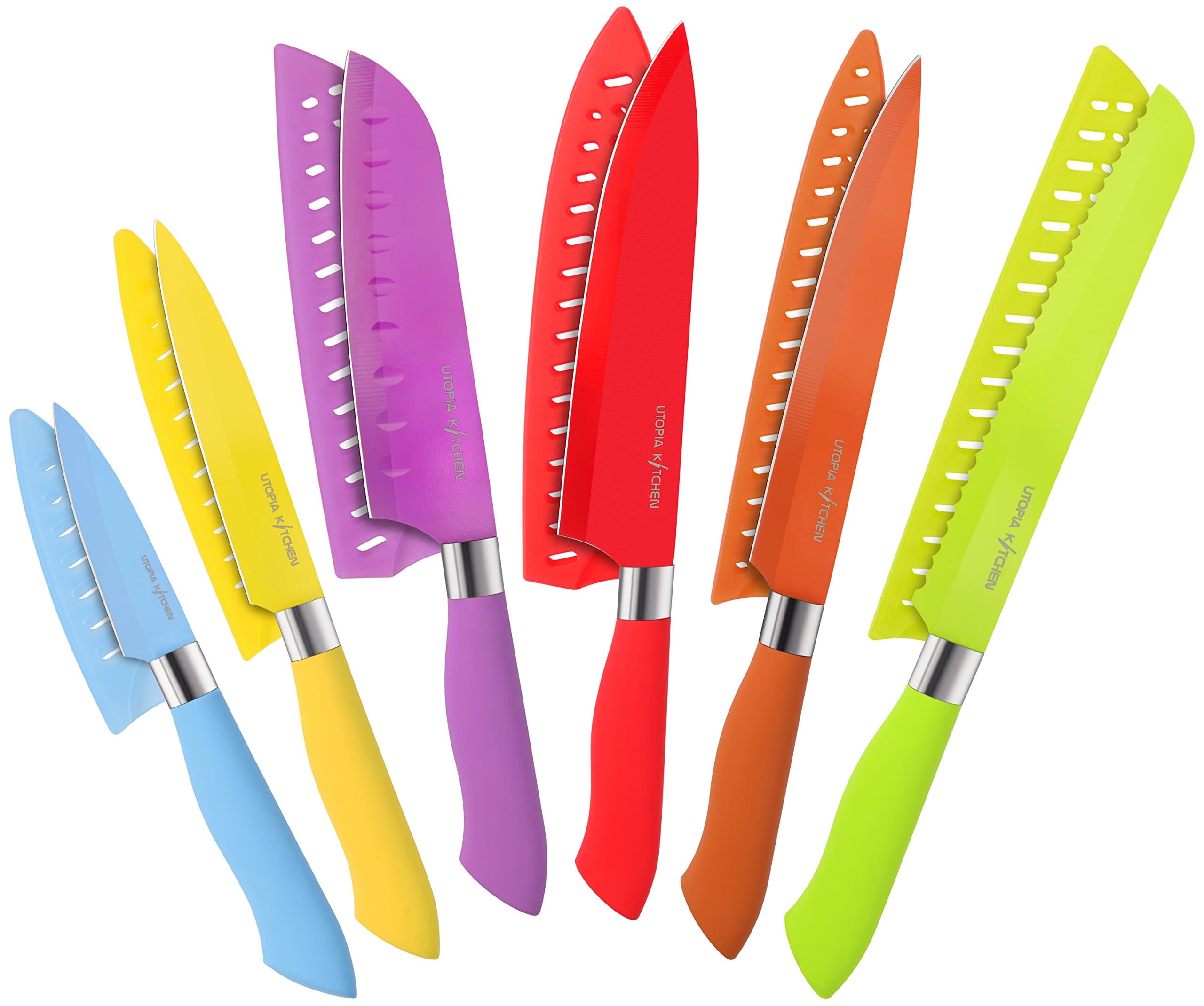 Utopia Kitchen 12-Piece Colored Knife Set - Super Sharp and Sturdy– Rust Resistant Stainless Steel Material with Non-Stick Coating – PP Rubberized Handle - Multicolored/Multipurpose Knife Set