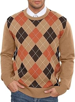 RQP Men's Crewneck Sweater Slim Fit Argyle Pattern Long Sleeve Knit Pullover Sweater for Casual Or Dressy Wear