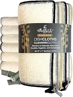 Whiffkitch Dishcloths Dishrags for Kitchen and Household Cleaning 6x7 6-Pack Non-Scratch 2-Ply Weave, Rayon Derived from Bamboo, Absorbent, Washable, Long-Lasting