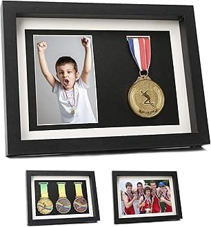 IHEIPYE Medal Display Shadow Box - 3 Medal Display Case - Perfect for Runners, Marathon, Race Winner, Soccer, Football, Gymnastics & All Sports (Black, A4)