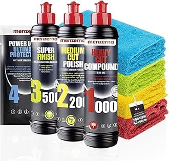 Menzerna Car Polish Set: Menzerna Heavy Cut Compound 1000 + Medium Cut Compound 2200 + Super Finish 3500 + Ceramic Spray Sealant Protection 100ml + 4x Microfibre Cloths 40 x 40 cm