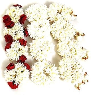 Pretty Charming Floral Multipurpose Hair Flower Rubber Bands with White Red Roses, Traditional Design with Latkans, Set of 12 Ideal for Marriage functions