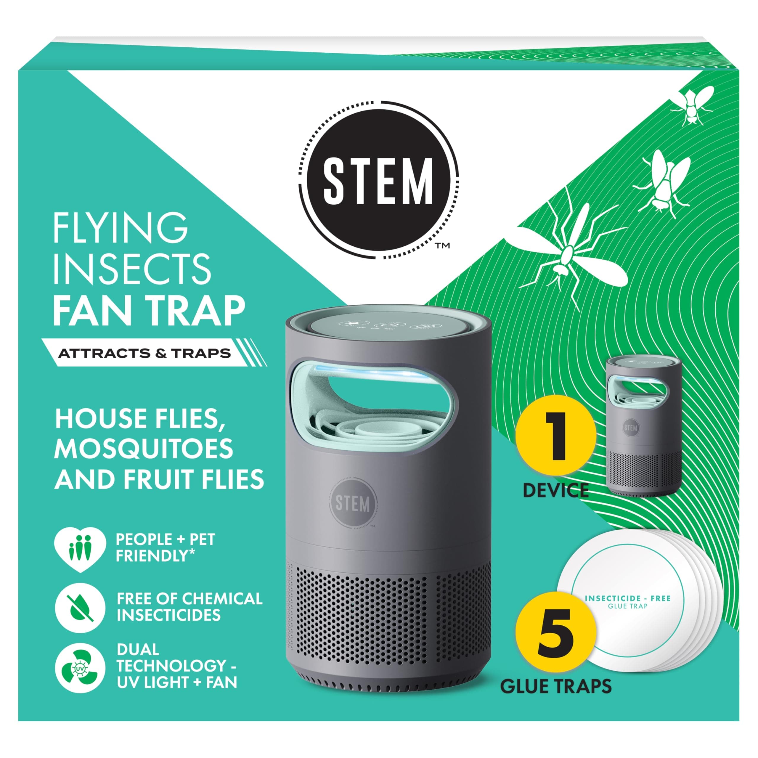 Stem - Flying Insect Fan Trap for Indoor Bug Control, Plug-in Fan with UV Light, Starter Kit Includes 1 Device and 5 Glue Traps