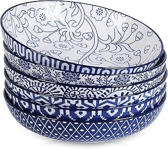Selamica Porcelain 26 Ounce Pasta Bowls Set of 6, 8 inch Wide and Shallow Salad Bowls, Serving Bowls, Microwave & Dishwasher Safe, Sturdy & Stackable, Vintage Blue