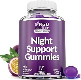5HTP Night Support - Sleep Gummies for Adults - 90 Vegan Melatonin Alternative Gummies - Passionfruit Taste - High Strength Griffonia Simplicifolia, L-Theanine, Lavender & Chamomile - Nu U Nutrition
