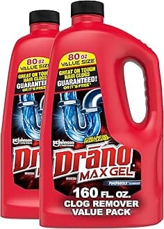 Drano Max Gel Drain Clog Remover & Cleaner, Fast-Acting to Unclog Standing Water & Remove Hair, Grease & Food Blockages, Safe for all Pipes & Septic, Kitchen Sinks, Bathroom Showers, 80 Oz, 2 Pack
