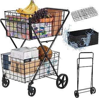 Spurgehom 2-Tier Shopping Cart for Groceries Folding Grocery Cart On Wheels with Removable Double Baskets 360° Rolling Utility Cart with Oxford Cloth Liner, Black