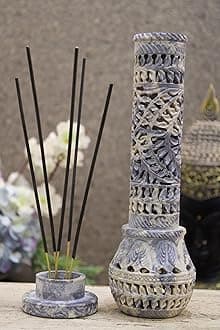 Flower Carving Agarbatti Stand | Soapstone Hand-Carved Bottle Shape Incense Burner Holder | Ash Catcher for Incense Sticks | Spiritual Decor & Gift for Puja Room (2.5 x 2.5 x 10 Inches)