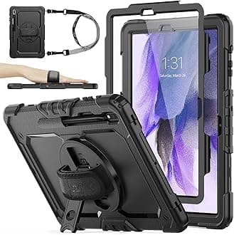 SEYMAC stock Case for Samsung Galaxy Tab S7 FE / S8 Plus 5G Case 12.4'' with Screen Protector Pencil Holder [360 Rotating Hand Strap] &Stand, Drop-Proof, Black