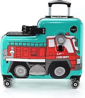 YounglingzLil Flyer 20" kid ride on suitcase child stroller spinner luggage, Red Firetruck, Hard Shell, Spinner Wheels