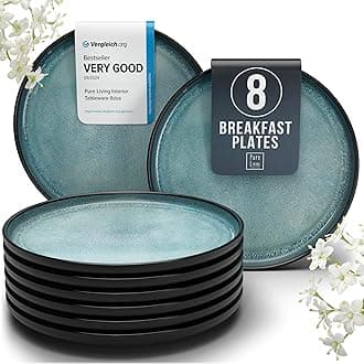 PURE LIVING INTERIOR DESIGN Small Dinner Plates Set of 8, 7.5" Stoneware Plates, Stylish Salad Plates, Dessert Plates Ceramic, Dishwasher and Microwave Safe Ibiza dark petrol Blue Ceramic Plates