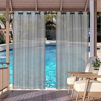 Outdoor Curtain for Patio, Grey Linen Look Semi-Sheer Curtains Waterproof Light Filtering Voile Outside Grommet Drapes for Pergola Balcony Pool Indoor 2 Panels, W52 x L108