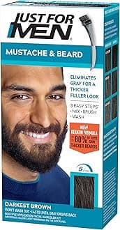 Just For Men Mustache & Beard, Beard Coloring for Gray Hair with Brush Included, With Keratin Biotin Aloe and Coconut Oil for Healthy Facial Hair - Darkest Brown, M-50 (Packaging May Vary)