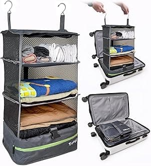Grand Fusion Stow-N-Go Packing Organizer for Luggage, Portable Hanging Travel Shelves, Carry-On Closet, Hanging Packing Cubes, Collapsible Carry-On Organizer for Cruises & Hotels. Dark Gray - L
