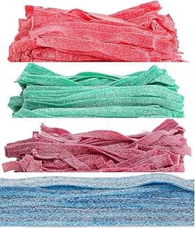 Assorted Sour Belts Candy, 1 Pound Bag. Sour Green Apple, Sour Strawberry, Sour Wild Cherry, Sour Blue Berry.