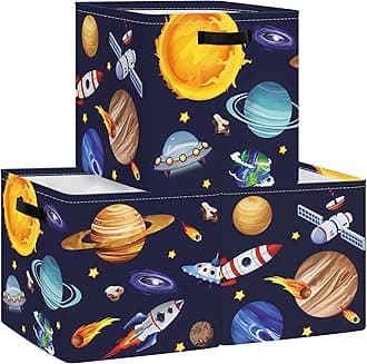 Clastyle 3 pcs Cosmic Space Cube Storage Unit Boxes Stars Kallax Box for Shelves Parents Storage Baskets for Book Clothes Toy Organizer, Solar System, 11.8x11.8x11.8 in
