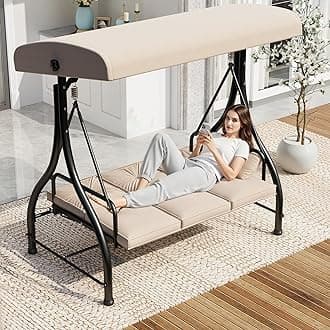 Porch Swing Chair with Adjustable Backrest&Canopy, 3 Seat Patio Swing with Canopy 2-in-1 Convertible Outdoor Swing with Canopy Patio Daybed with Removable Beige Cushions for Adults