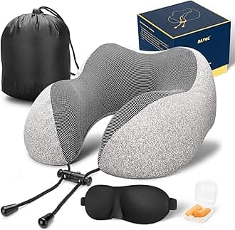 MLVOC Travel Pillow 100% Pure Memory Foam Neck Pillow, Comfortable & Breathable Cover - Machine Washable, Airplane Travel Kit with 3D Sleep Mask, Earplugs, and Luxury Bag
